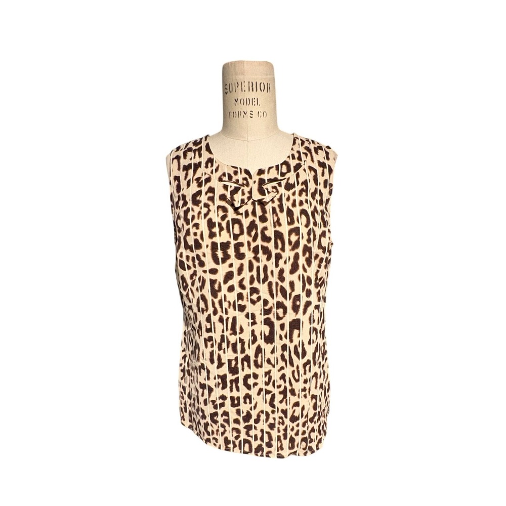 Cabi Leopard Print Sleeveless Blouse Bow Neck Back Zip Tan Brown Women S Animal